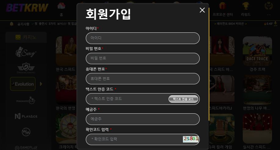 BETKRW 카지노 회원가입 양식을 작성하고 계정을 만드세요